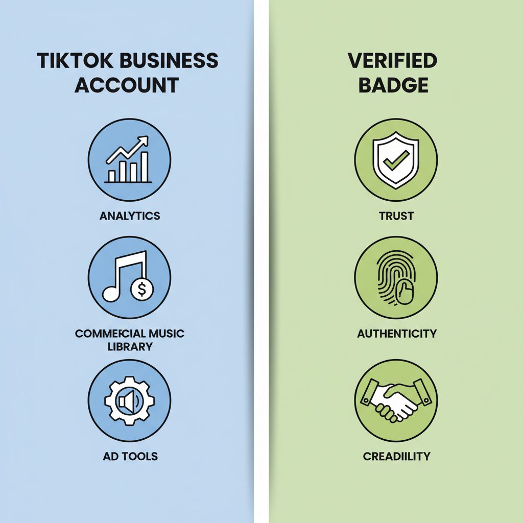 A diagram comparing the features of a TikTok Business Account (Analytics, Commercial Music, Ad Tools) versus the benefits of a Verified Badge (Trust, Authenticity, Credibility).