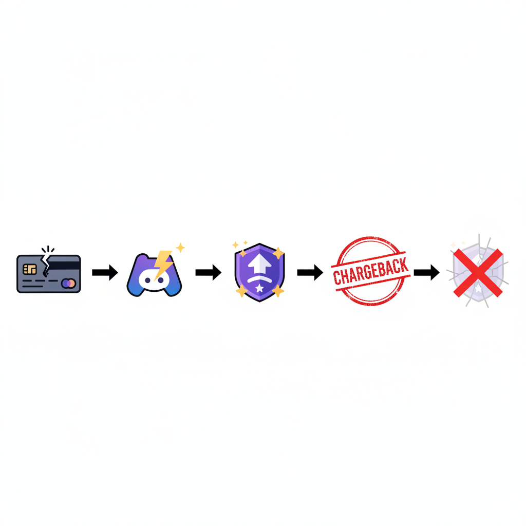 A diagram showing the high-risk flow of cheap Discord boosts starting with a stolen credit card and ending with the boost being removed.