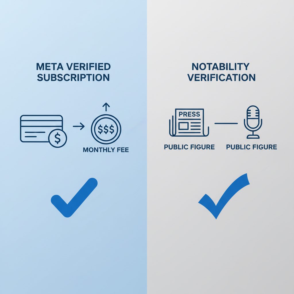 A diagram comparing the simple, low-cost path of a Meta Verified subscription against the complex, high-cost path of notability-based.