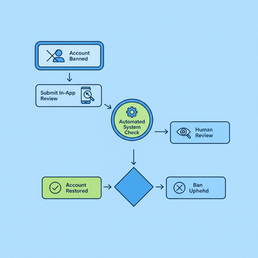 A flowchart showing the WhatsApp appeal process, starting with 'Account Banned', leading to 'Submit In-App Review', then to automated and human review stages, and ending with 'Account Restored' or 'Ban Upheld'.