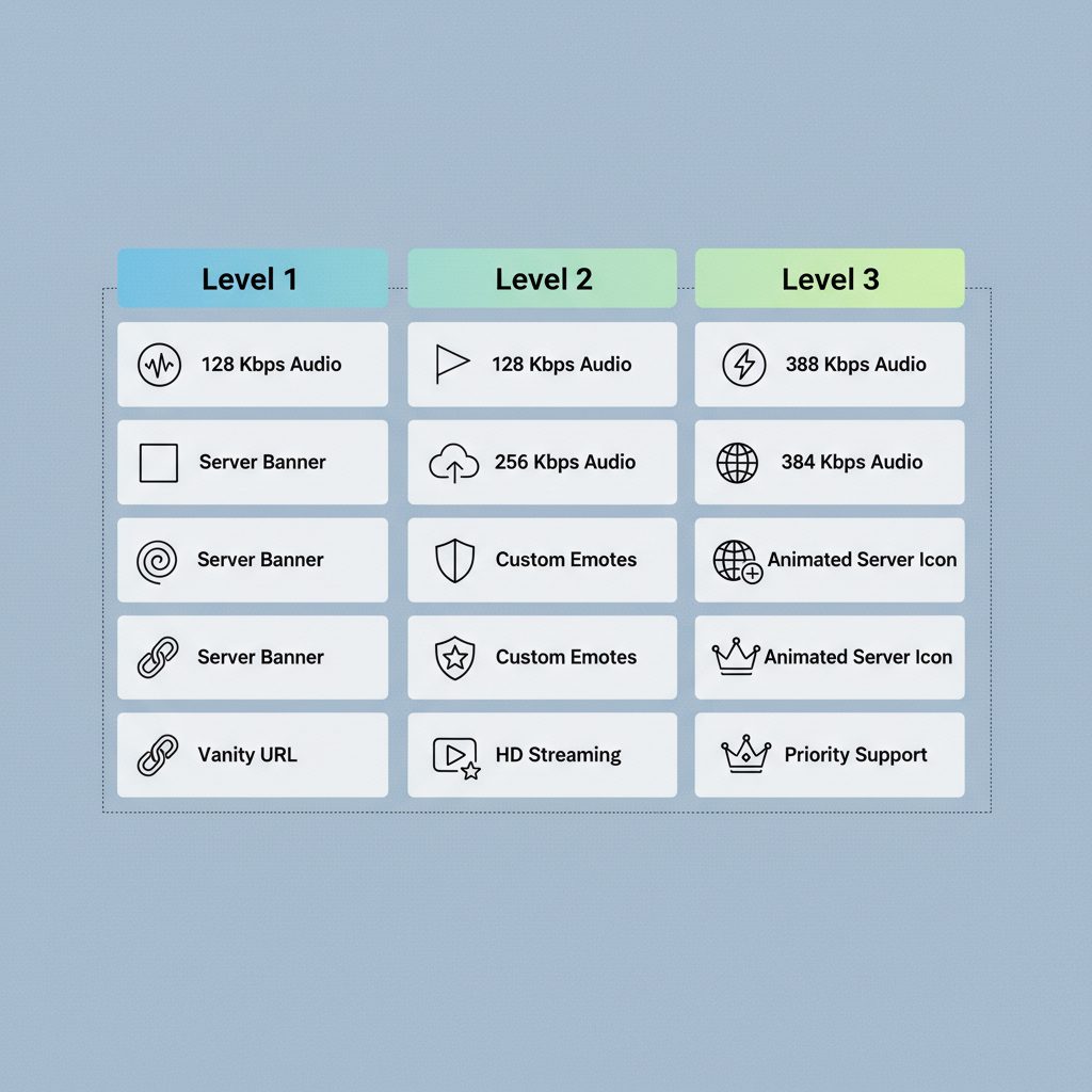 A comparison table showing the features unlocked at Discord Server Boost Levels 1, 2, and 3.