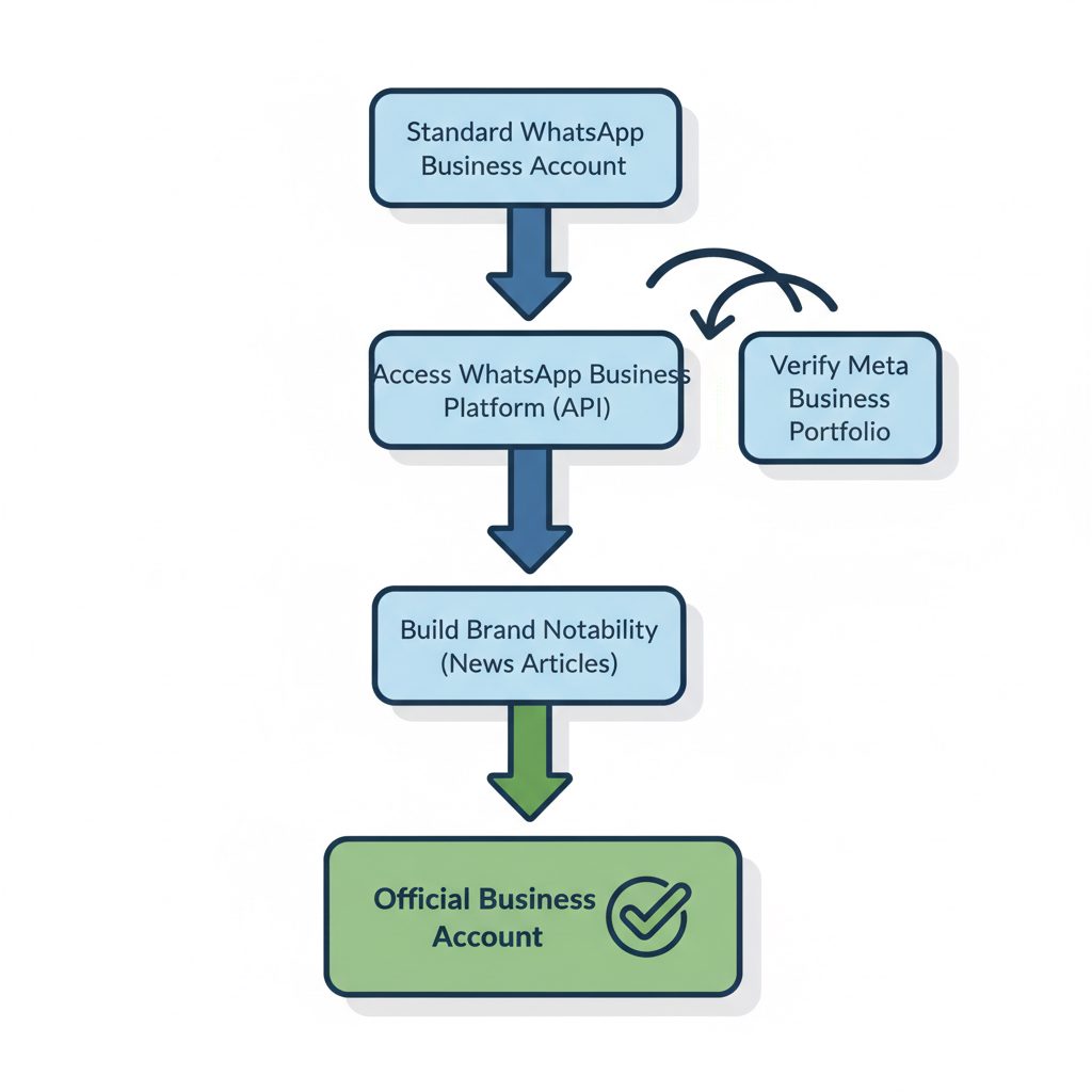 A flowchart showing the path from a standard WhatsApp Business account to an Official Business Account with the green tick, highlighting.