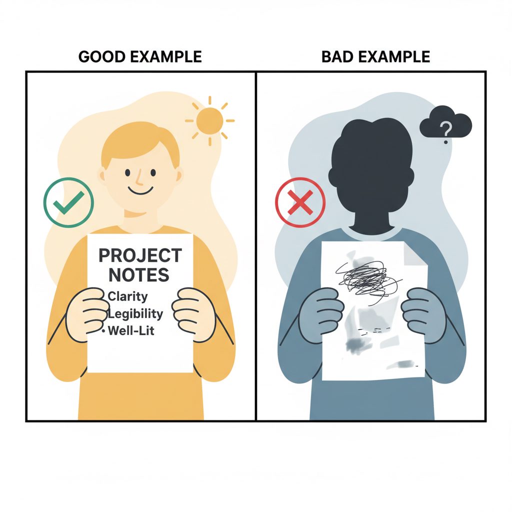 A comparison image showing a 'good' photo verification on the left and a 'bad' one on the right. The good one is well-lit, with clear handwriting and the person's face visible. The bad one is blurry, poorly lit, and the code is hard to read.