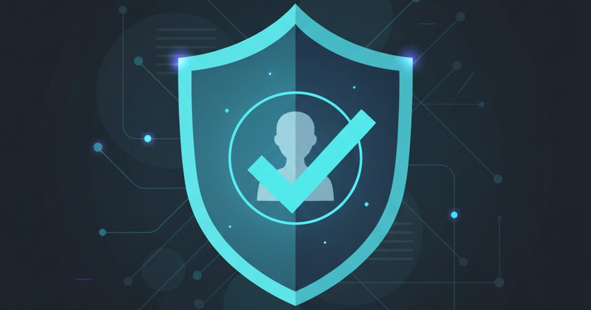 An abstract image showing a blue verification checkmark acting as a shield in front of a profile icon, set against a dark background with network lines.