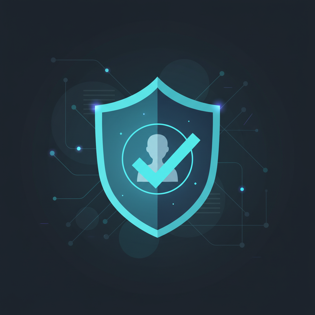 An abstract image showing a blue verification checkmark acting as a shield in front of a profile icon, set against a dark background with network lines.