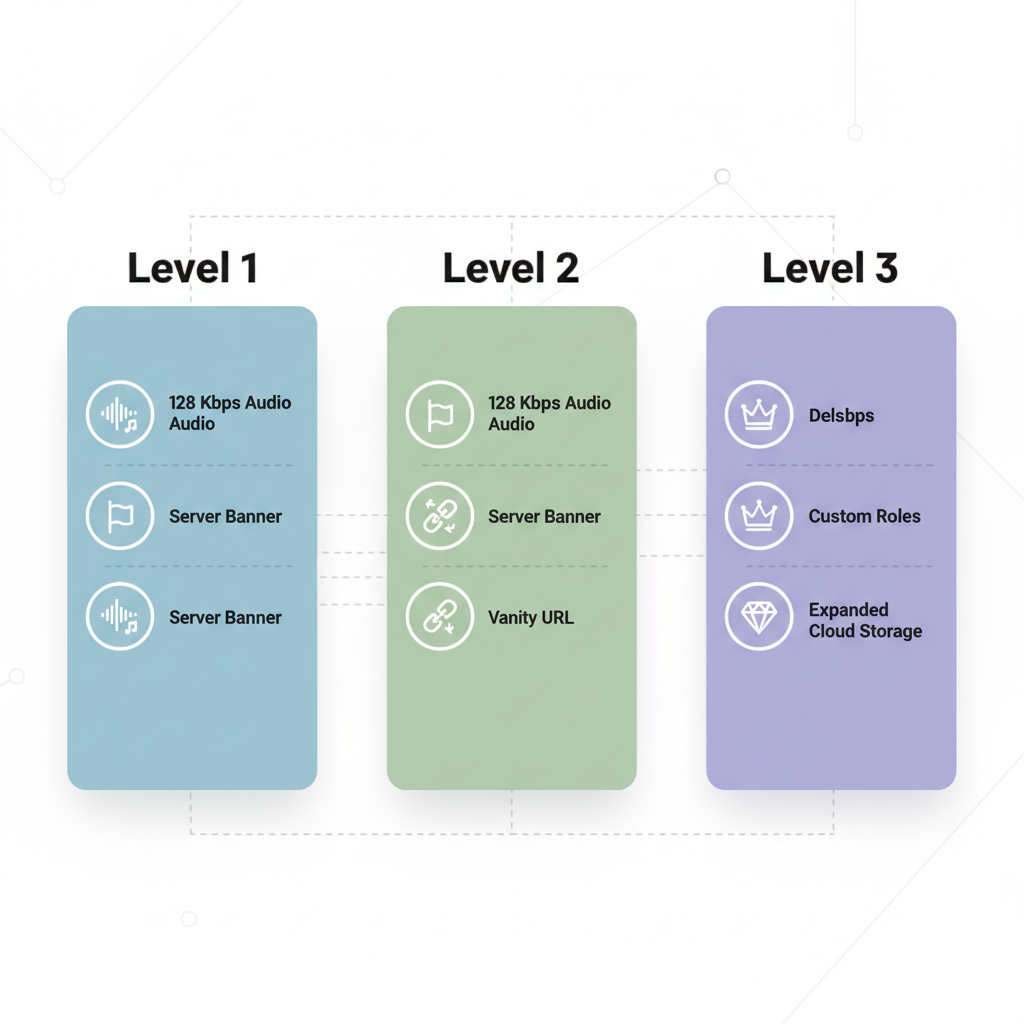 A comparison table showing the features unlocked at Discord Server Boost Levels 1, 2, and 3.