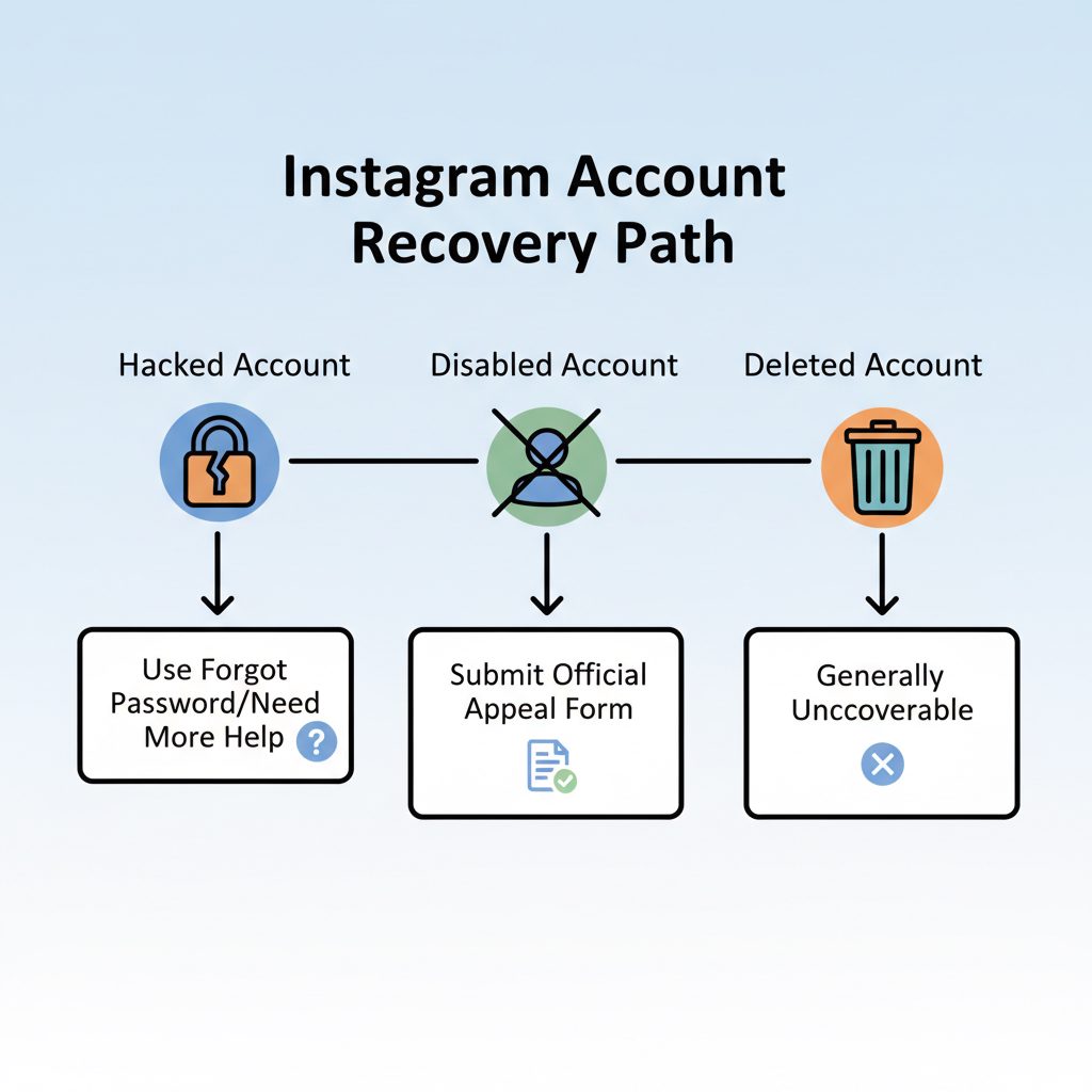 A flowchart showing the process for recovering a disabled Instagram account, starting with diagnosing the issue, then filling out the appeal form, submitting photo verification, and finally waiting for a review.