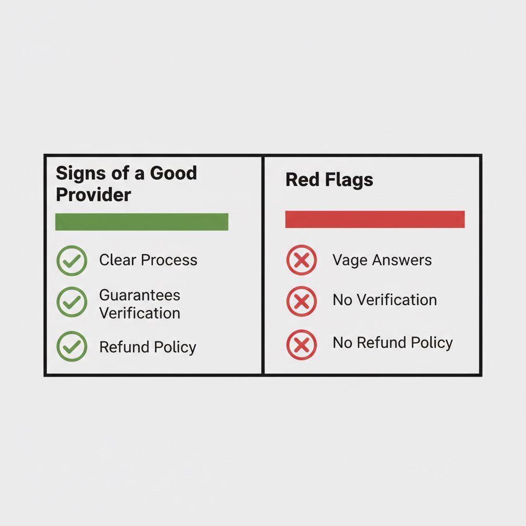 Table comparing good vs. bad WhatsApp verification providers on transparency, claims, and refund policies.