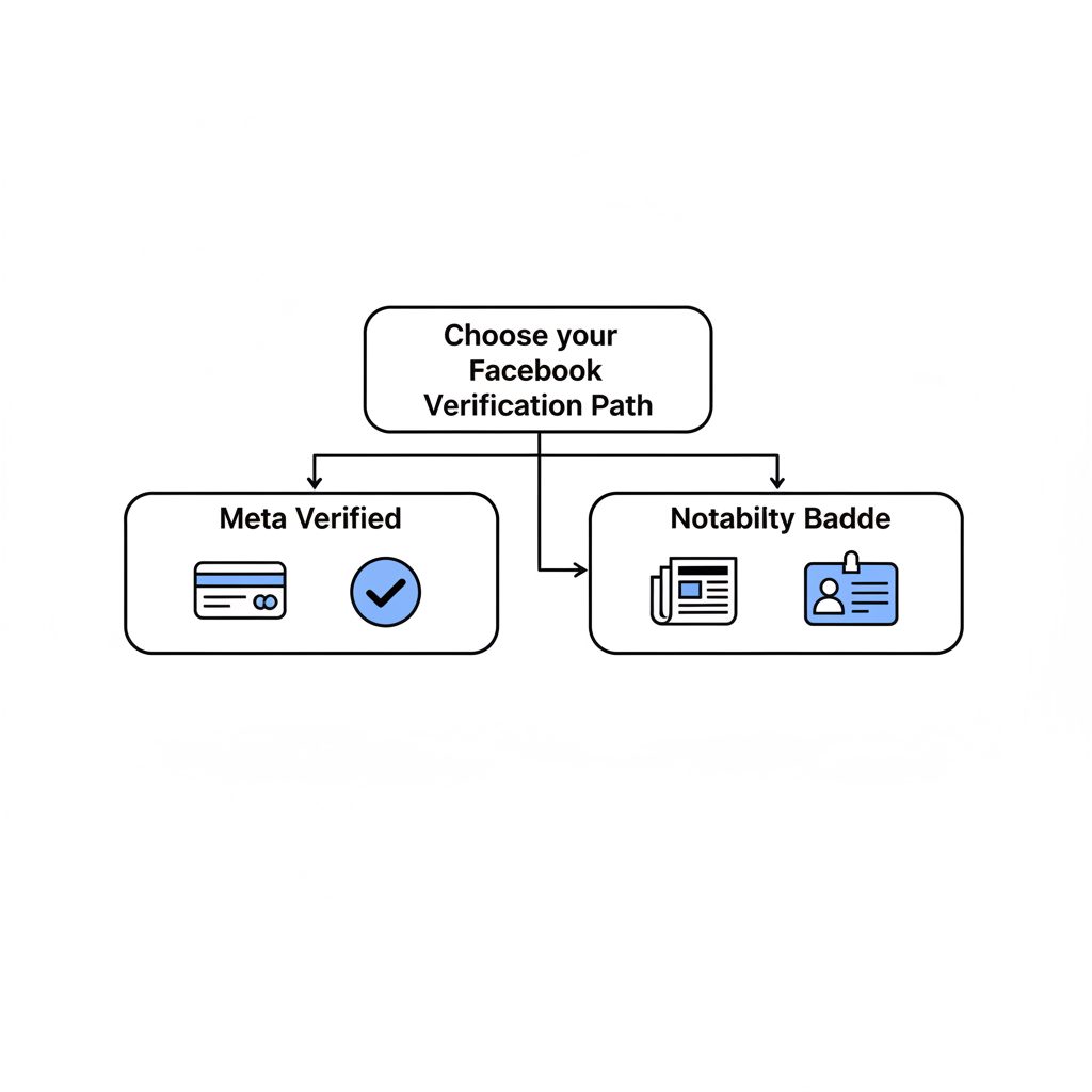 Flowchart illustrating the decision between Meta Verified subscription and applying for a notability-based Facebook verification badge.