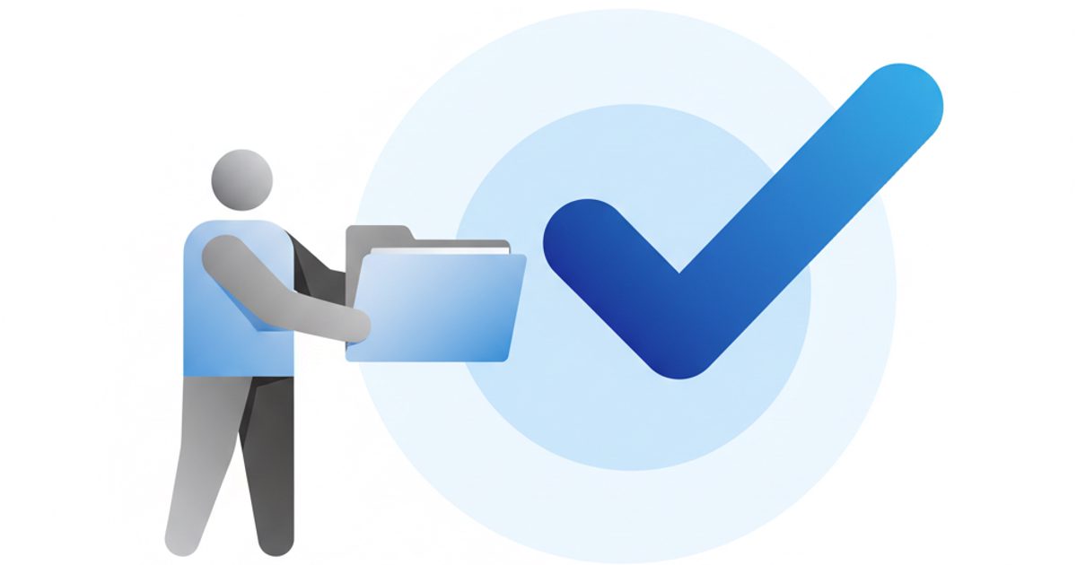 An illustration depicting a portfolio of documents being submitted to a large blue checkmark, symbolizing the Instagram meta verification service process.