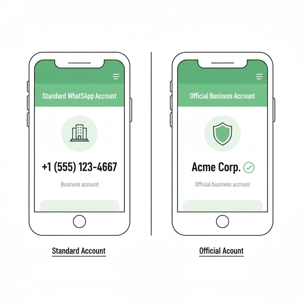 A diagram illustrating the difference between a standard WhatsApp Business Account (showing a phone number) and an Official Business.