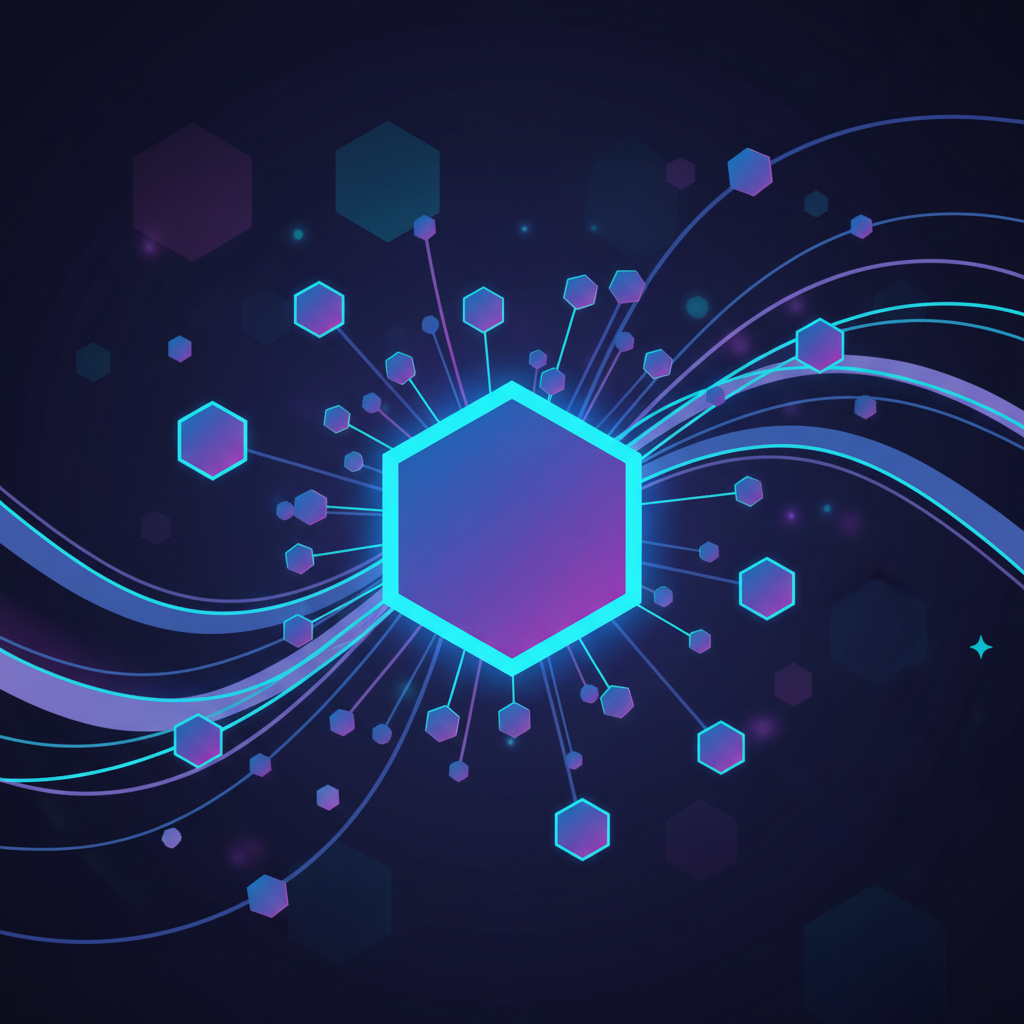 An abstract visualization of a buy discord members service, showing many small points of light flowing towards a central, larger server icon.