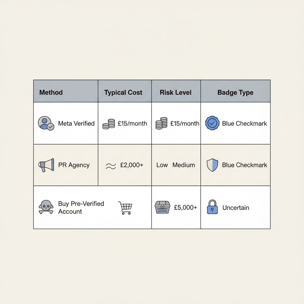 A comparison chart showing the different paths to Instagram verification, including Meta Verified, PR agencies, and buying accounts, contrasted by cost and risk level.