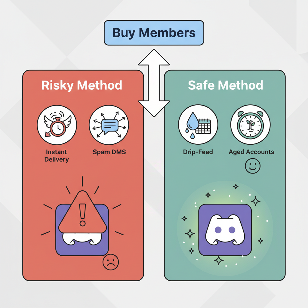 A diagram showing a safe path (drip-feed, aged accounts) leading to a healthy server icon, and a risky path (instant delivery, spam DMs) leading to a server icon with a red warning symbol.