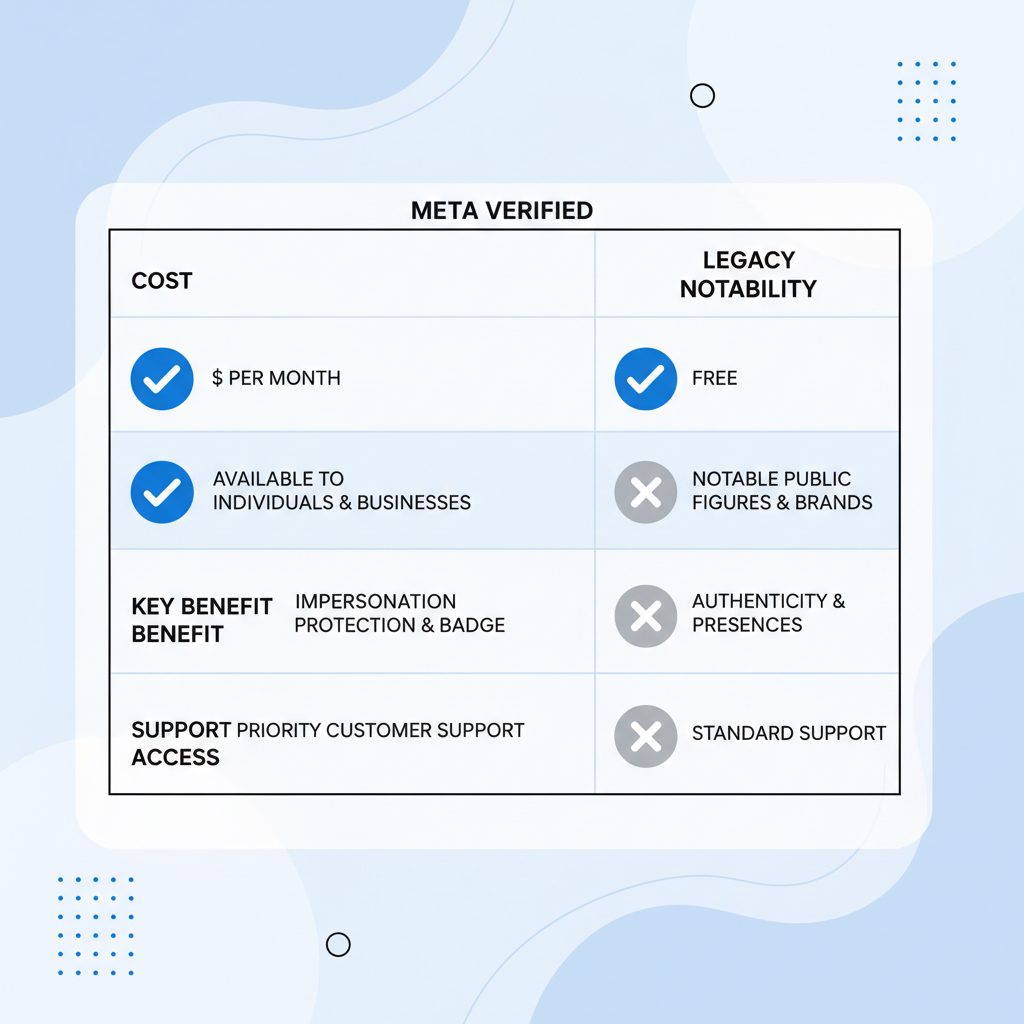 A comparison table graphic showing the different benefits of Meta Verified subscription versus legacy notability verification.