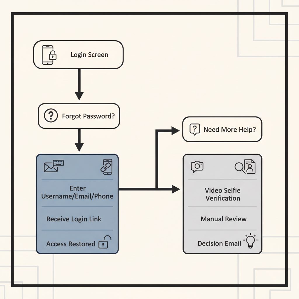 A flowchart illustrating the official Instagram account recovery process, starting from the login screen and branching into email/phone.