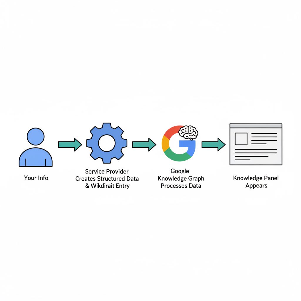A flowchart showing the process of creating a Google Knowledge Panel, from personal information to a service creating structured data, which is then processed by Google's Knowledge Graph to produce the final panel.