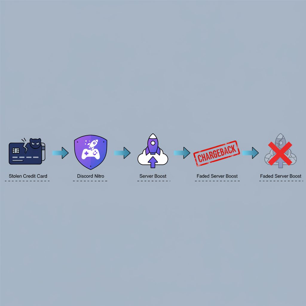 A diagram showing the high-risk flow of cheap Discord boosts starting with a stolen credit card and ending with the boost being removed.