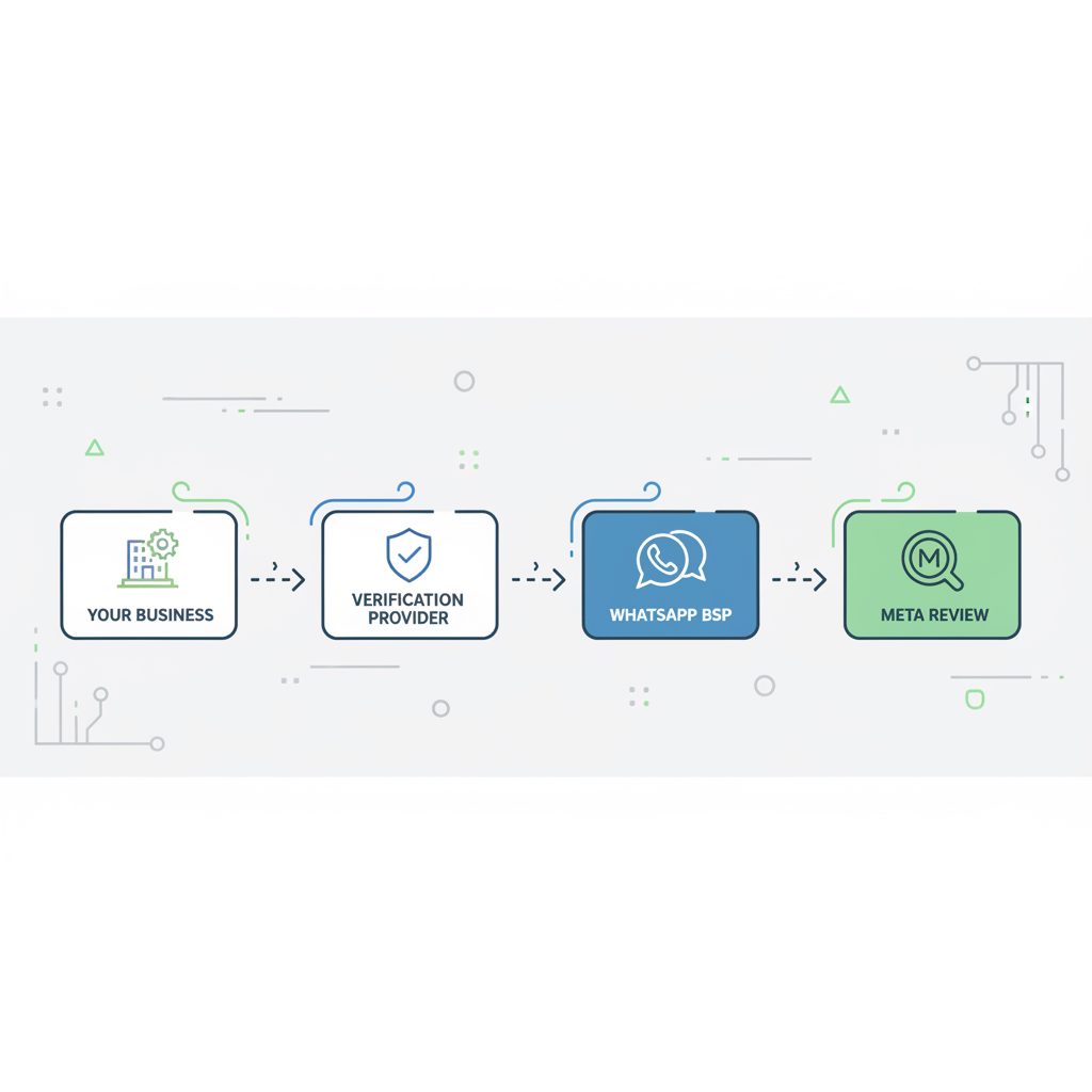 A flowchart showing the WhatsApp green tick application process, from business to provider to BSP to Meta for final review.