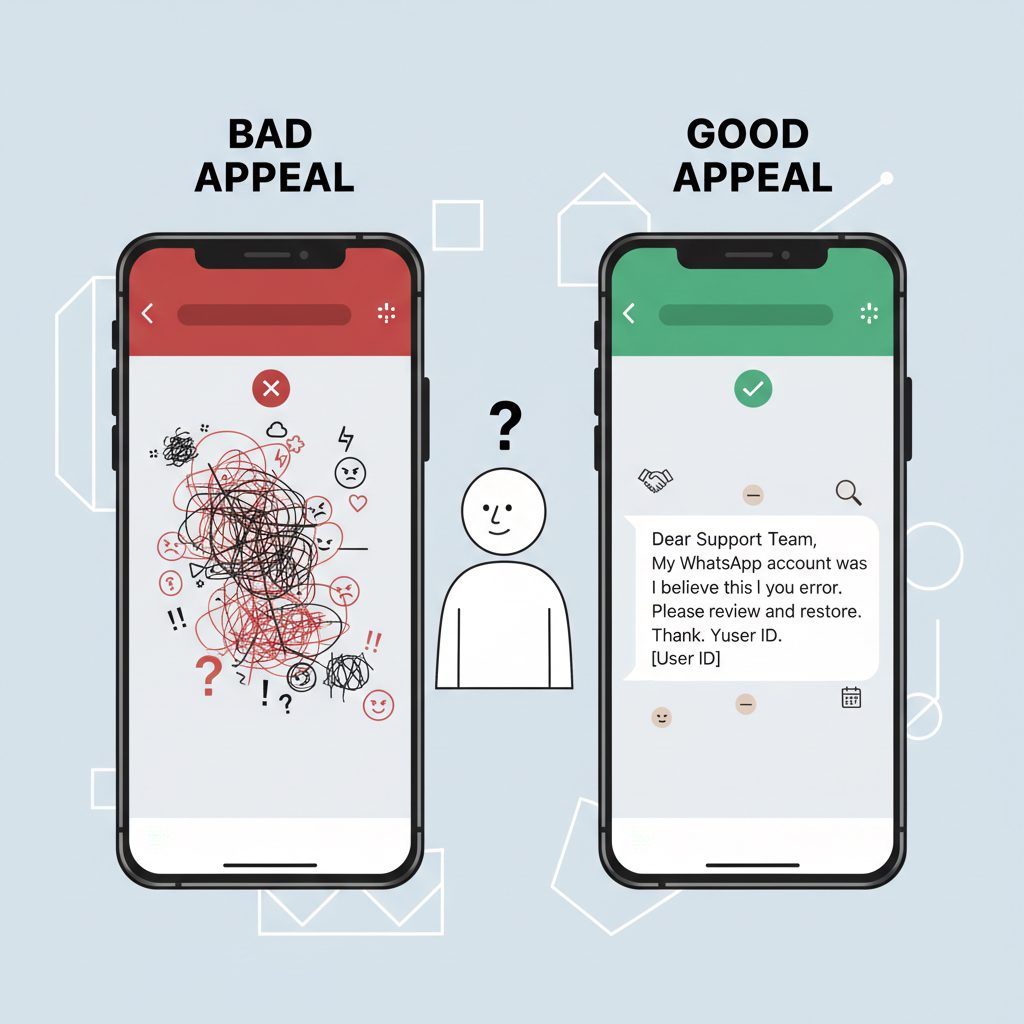 A side-by-side comparison of a bad versus a good WhatsApp appeal message. The bad one is long and emotional, while the good one is short, polite, and factual.