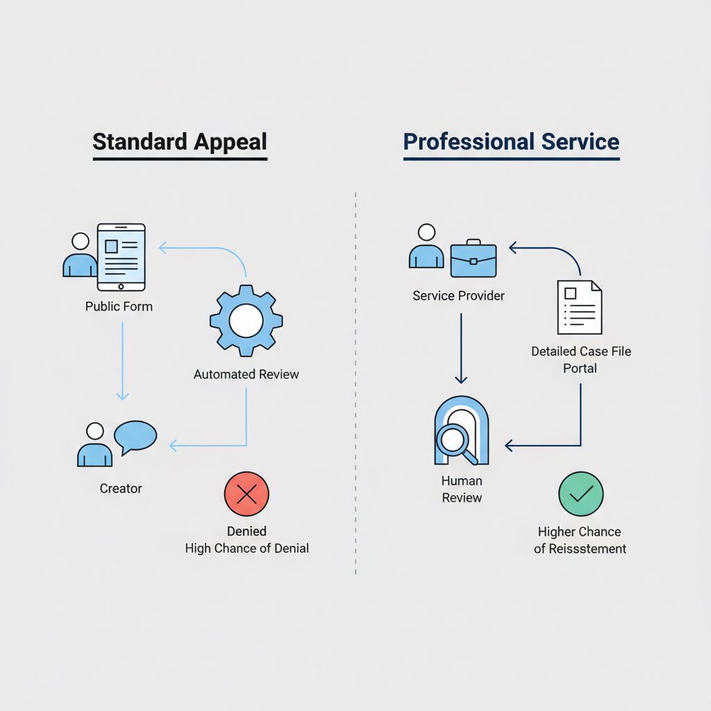 A flowchart showing two paths for YouTube channel recovery. The top path, 'Standard Appeal,' is a simple arrow from 'Creator' to 'Public Form' to a 'YouTube Automated Review' box, which mostly leads to 'Denied.' The bottom path, 'Professional Service,' shows 'Creator' hiring a 'Service,' which leads to a 'Detailed Case File' submitted via a 'Partner Portal' to a 'Human Reviewer at YouTube,' with a higher chance of leading to 'Reinstated.'