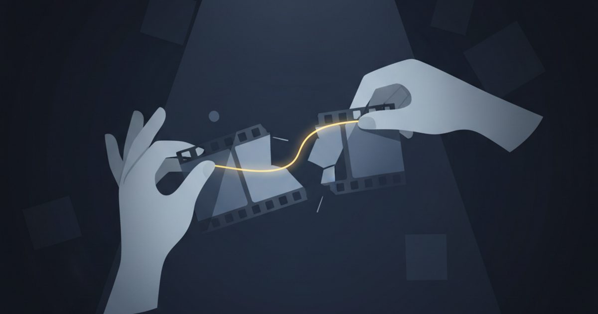 An abstract image showing two hands carefully mending a broken piece of film, symbolizing the process of repairing and recovering a.
