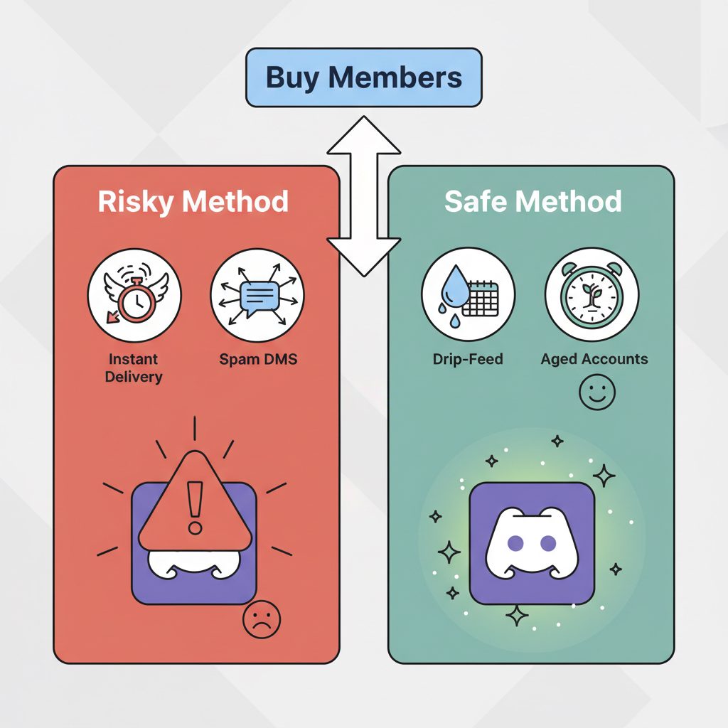 A diagram showing a safe path (drip-feed, aged accounts) leading to a healthy server icon, and a risky path (instant delivery, spam DMs) leading to a server icon with a red warning symbol.