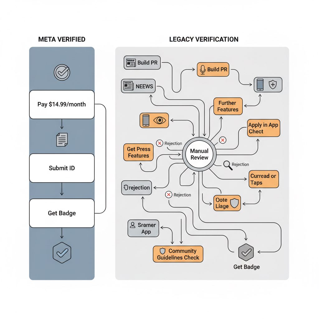 Flowchart comparing Meta Verified's paid path vs. legacy verification's notability path.