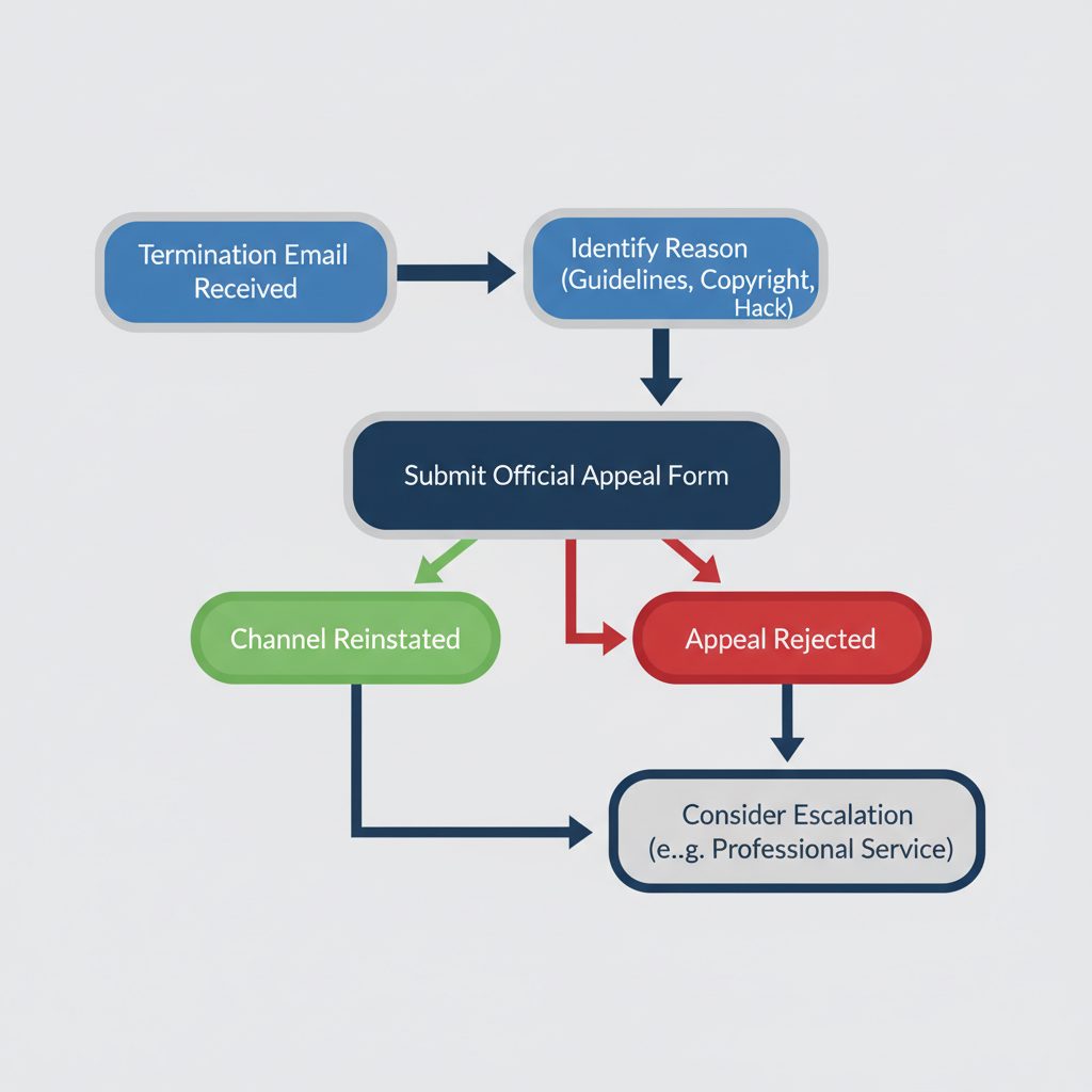 A flowchart diagram illustrating the YouTube channel termination appeal process, starting from receiving the termination email, to.