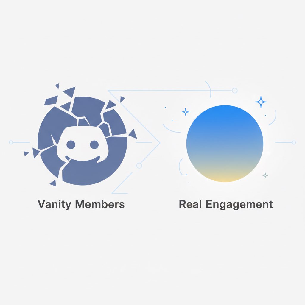 An illustration showing two Discord server icons. One is large but hollow, representing vanity members. The other is smaller but has sparks of light inside, representing real engagement.