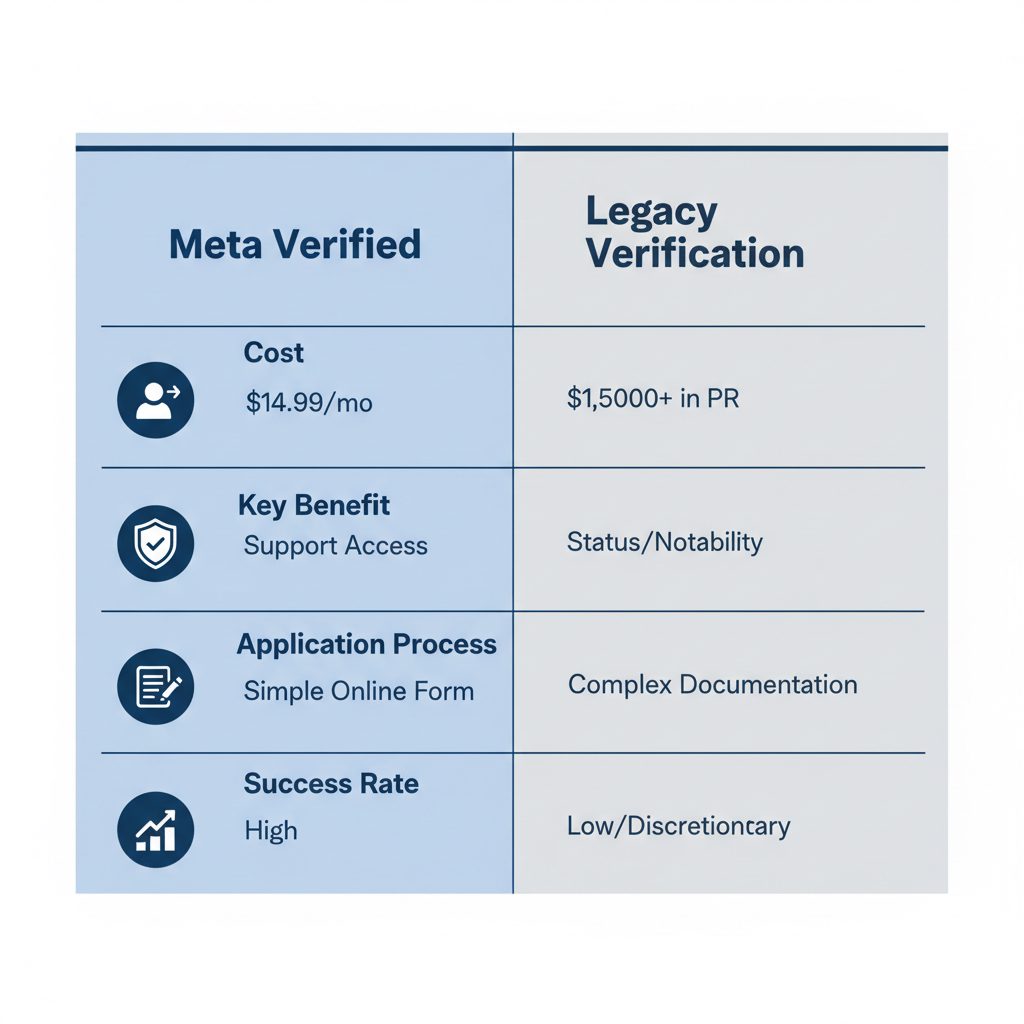 Table comparing Meta Verified and Legacy Verification on cost, eligibility, and benefits.